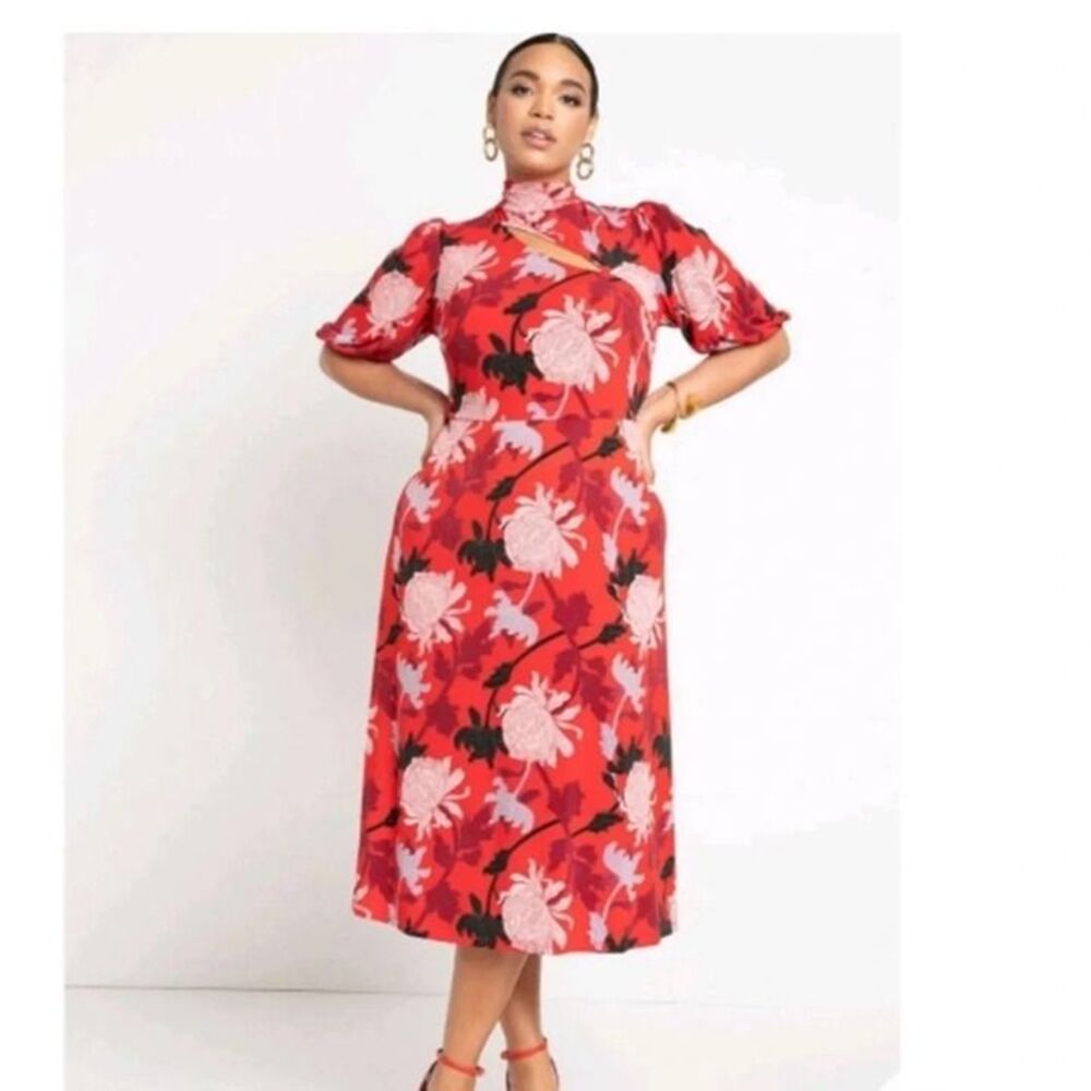 NWT Size 24 Eloquii Red Floral Keyhole Neck Midi Dress